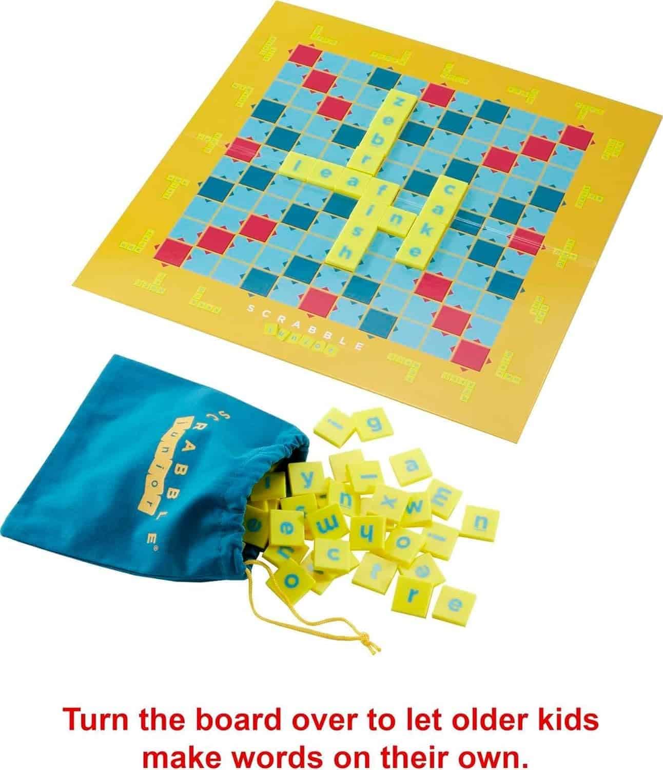 Colorful word formation game board with letter tiles for fun educational play for all ages.