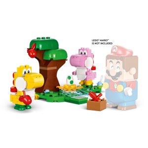 Cheerful Yoshi characters explore a colorful block world filled with playful elements and adventure.