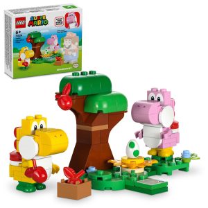 Vibrant LEGO scene featuring Yoshi figures, a colorful tree, and a hidden Easter egg.