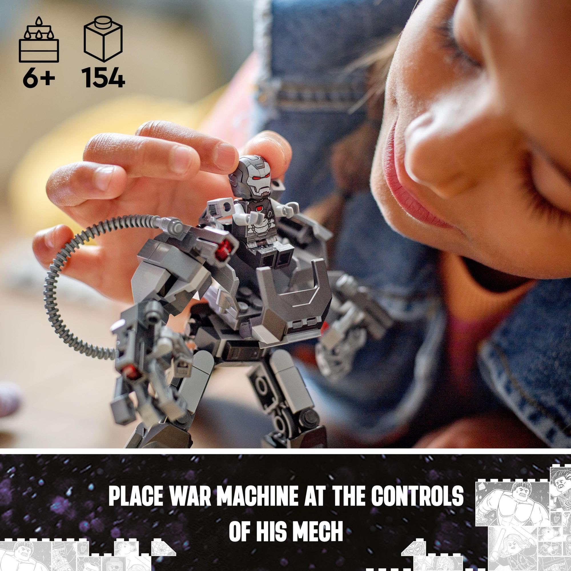 Young builder explores imagination with detailed gray mech playset in cozy indoor space.