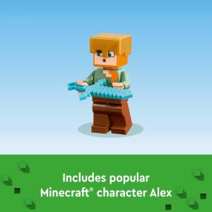 Alex from Minecraft wielding a light-blue sword, set against a vibrant blue gradient background.