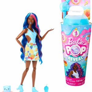 Vibrant Barbie Pop Reveal doll with colorful accessories and playful drink cup, inspiring creativity.