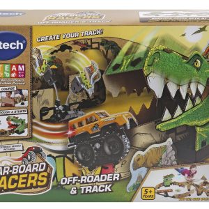Vibrant packaging for Car-Board Racers toy set with customizable tracks and playful dinosaur character.