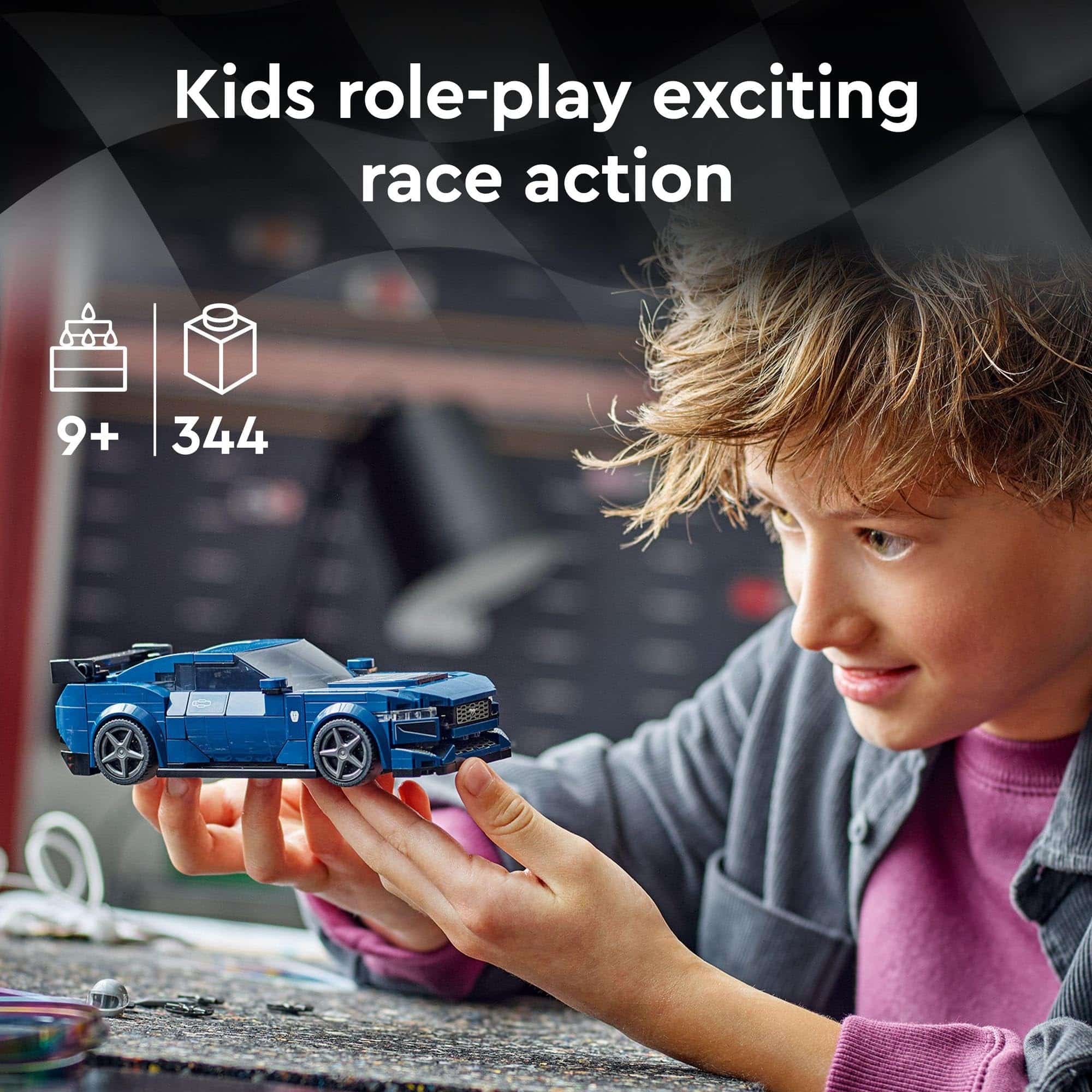 Joyful child races a blue toy car, sparking creativity and imaginative storytelling through play.