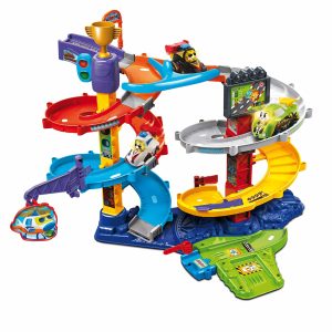 Colorful multi-level playset for kids, featuring racing themes, slides, and imaginative vehicle fun.