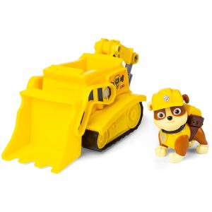 Bright yellow bulldozer and playful puppy ready for imaginative construction adventures and teamwork fun.