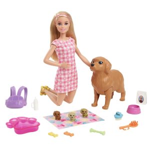 Cheerful doll and retriever playset with vibrant accessories for imaginative pet care adventures.