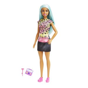 Stylish doll with blue hair, leopard print dress, and trendy accessories for imaginative play.