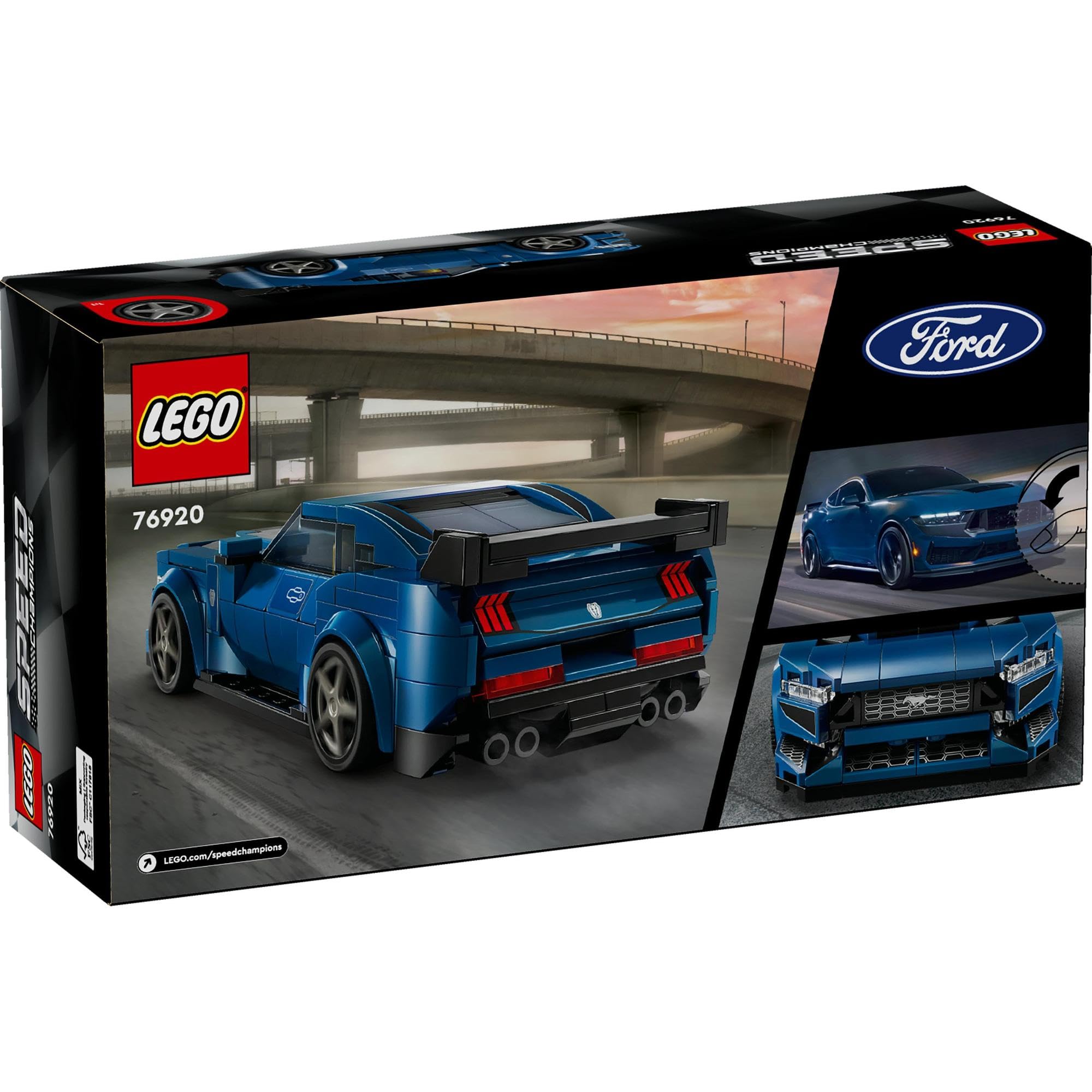Ford LEGO set in blue packaging, showcasing a detailed model against an urban backdrop.