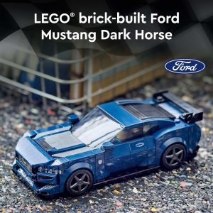 Vibrant LEGO Ford Mustang Dark Horse model, showcasing detailed design and automotive artistry.