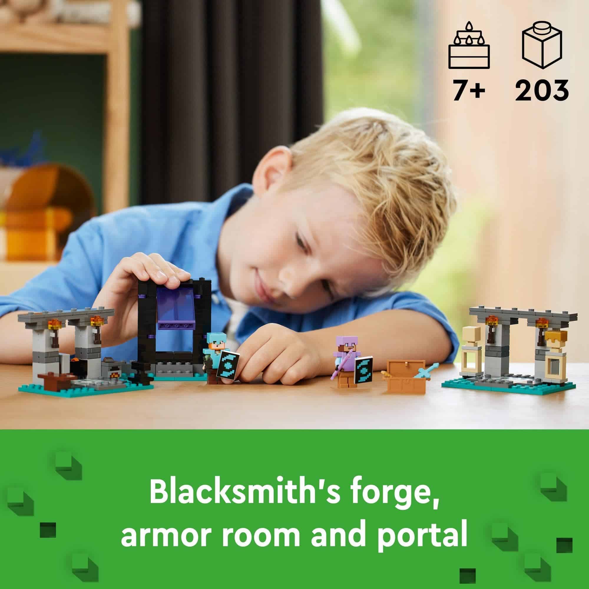 Young boy enjoys imaginative play with LEGO blacksmith forge, portal, and armor room set.