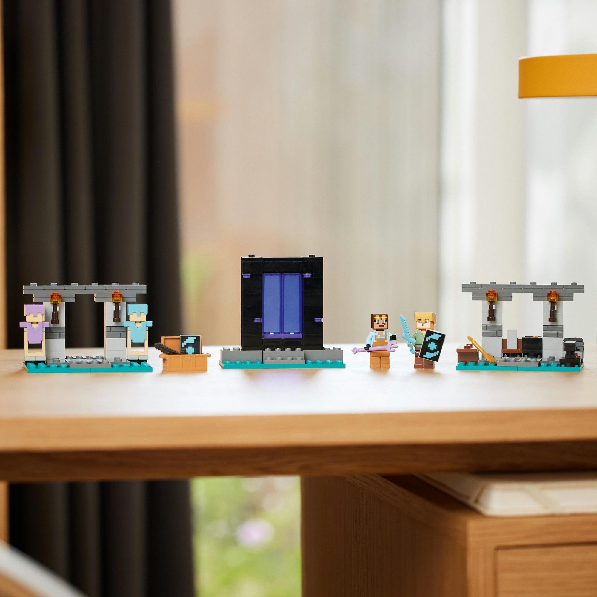 Vibrant LEGO adventure scene with a central portal, minifigures crafting and exploring together.