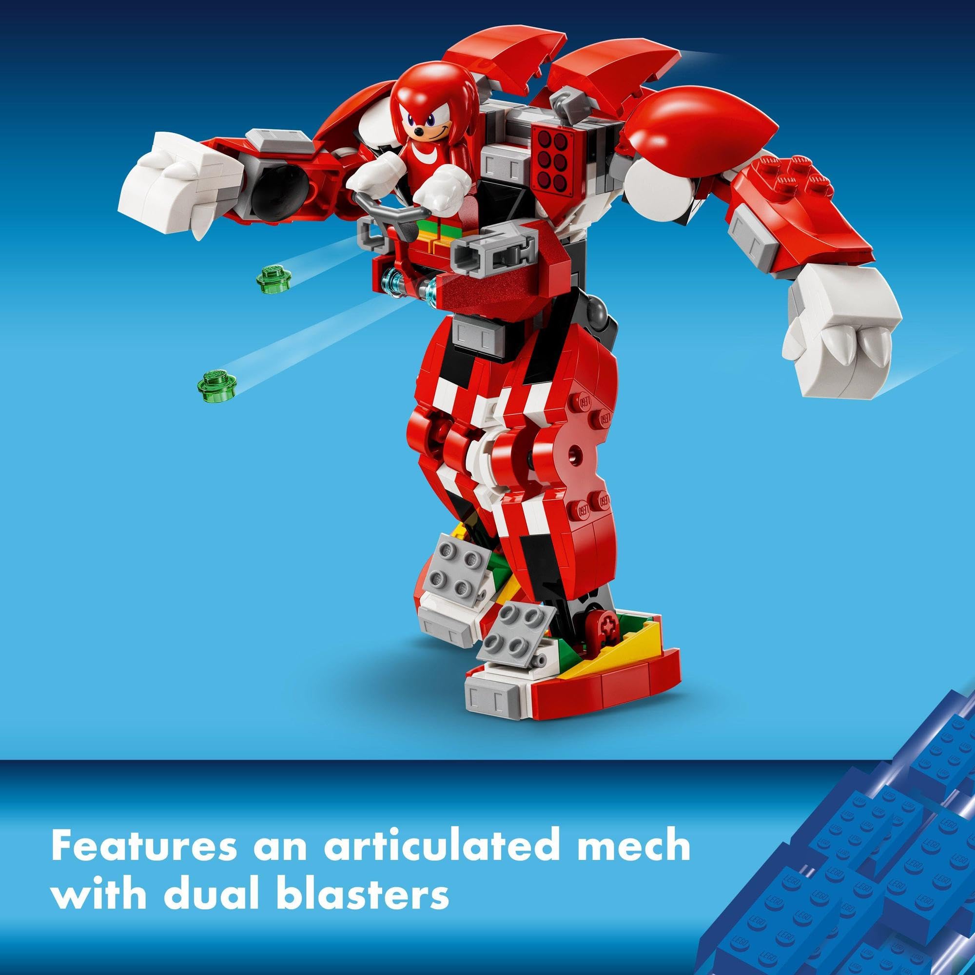 Dynamic red and white articulated mech model with blasters in action against a blue backdrop.