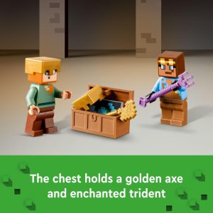 Pixelated Minecraft characters discover a treasure chest with a golden axe and enchanted trident.
