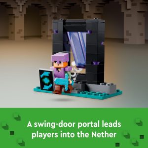 Blocky Minecraft character stands by a colorful Nether portal, ready for adventurous exploration.