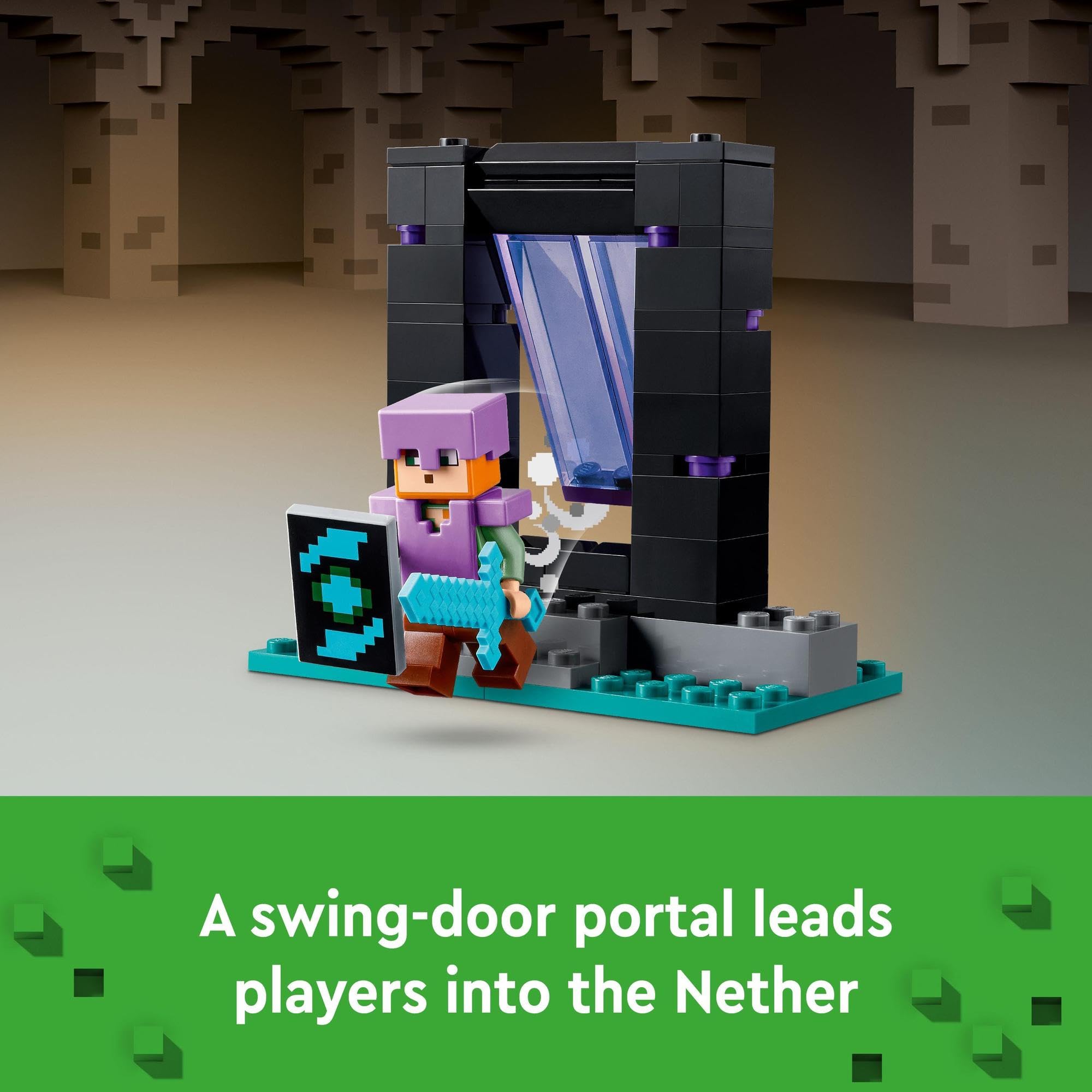 Blocky Minecraft character stands by a colorful Nether portal, ready for adventurous exploration.