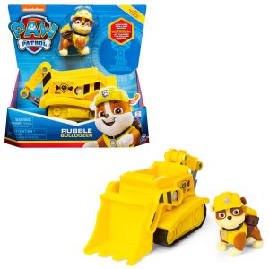 Rubbles yellow bulldozer toy inspires creative play and teamwork in the PAW Patrol set.