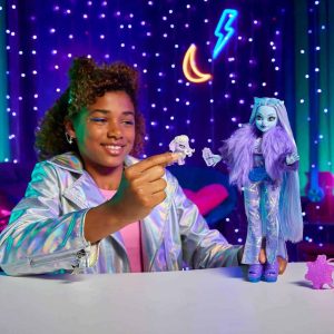 Joyful girl playing with colorful dolls in a vibrant, neon-lit imaginative scene.