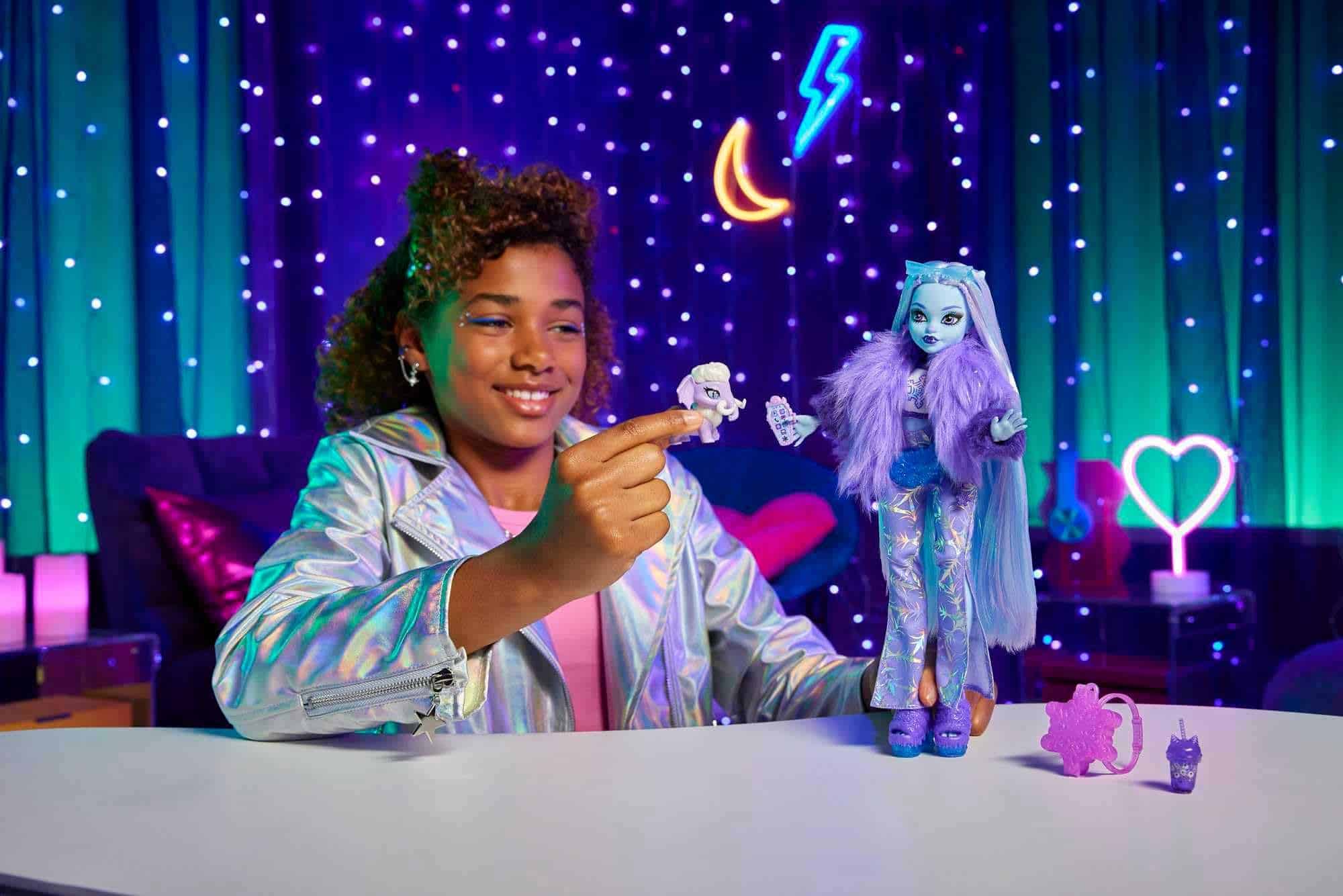 Joyful girl playing with colorful dolls in a vibrant, neon-lit imaginative scene.