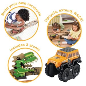 Customizable racetrack toy for kids encourages creativity, teamwork, and eco-friendly play through fun stunts.