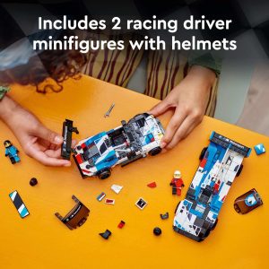 Playful racing car building set with mini driver figures encourages creativity and imaginative play.