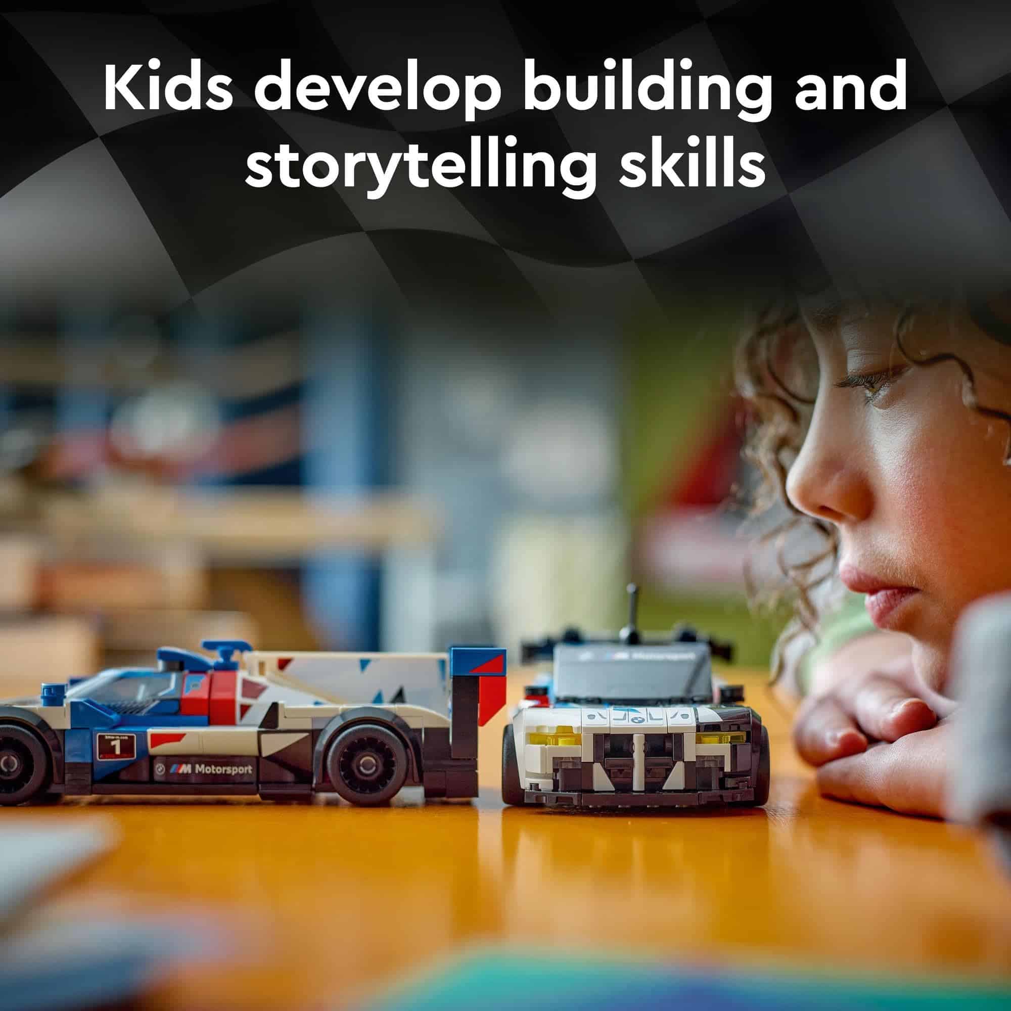 Child playing with colorful toy cars, fostering creativity and storytelling skills in a nurturing environment.