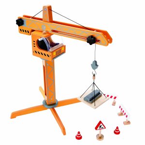 Vibrant toy crane playset inspires imaginative construction fun with realistic features and safety elements.