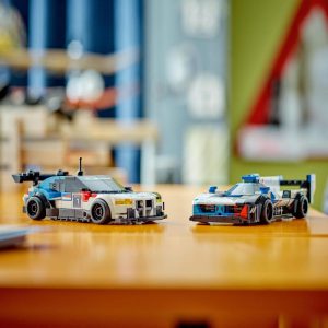 Showcasing classic and modern LEGO car models in vibrant colors on a wooden table.