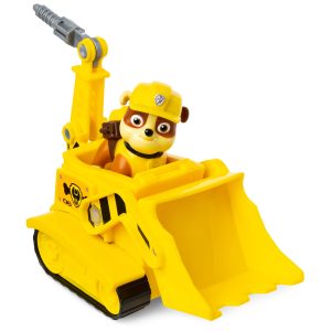 Cheerful dog character in a vibrant yellow bulldozer toy promotes creative construction play for kids.