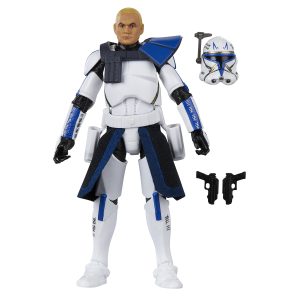 Futuristic sci-fi action figure in white and blue armor with removable accessories for collectors.