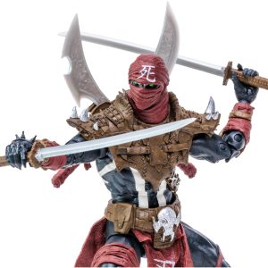 Dynamic action figure of a warrior in a red bandana wielding dual swords.
