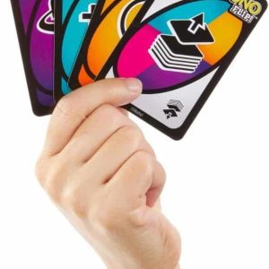 Hand holding four vibrant action cards from an exciting strategic card game.