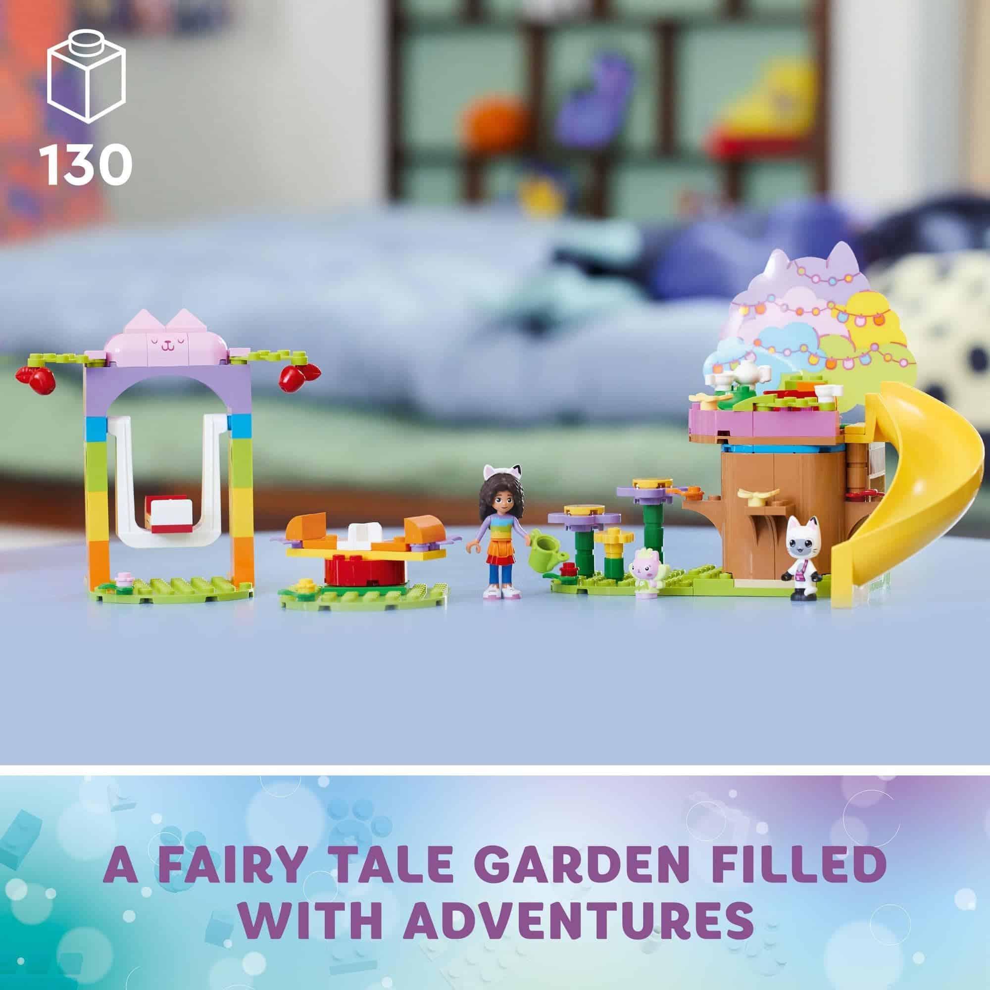 Whimsical Fairy Tale Garden Playset with slides, swings, and colorful characters for imaginative play.