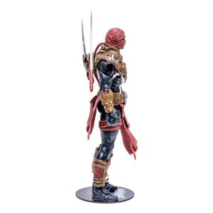 Futuristic warrior action figure with dual blades and vibrant red fabric, perfect for collectors.