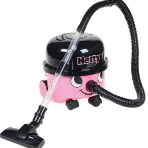 Whimsical Hetty vacuum cleaner in pink with a smile, designed for fun and easy cleaning.
