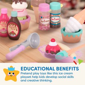 Colorful ice cream playset with cone, toppings, and scoop, inspiring imaginative play for kids.
