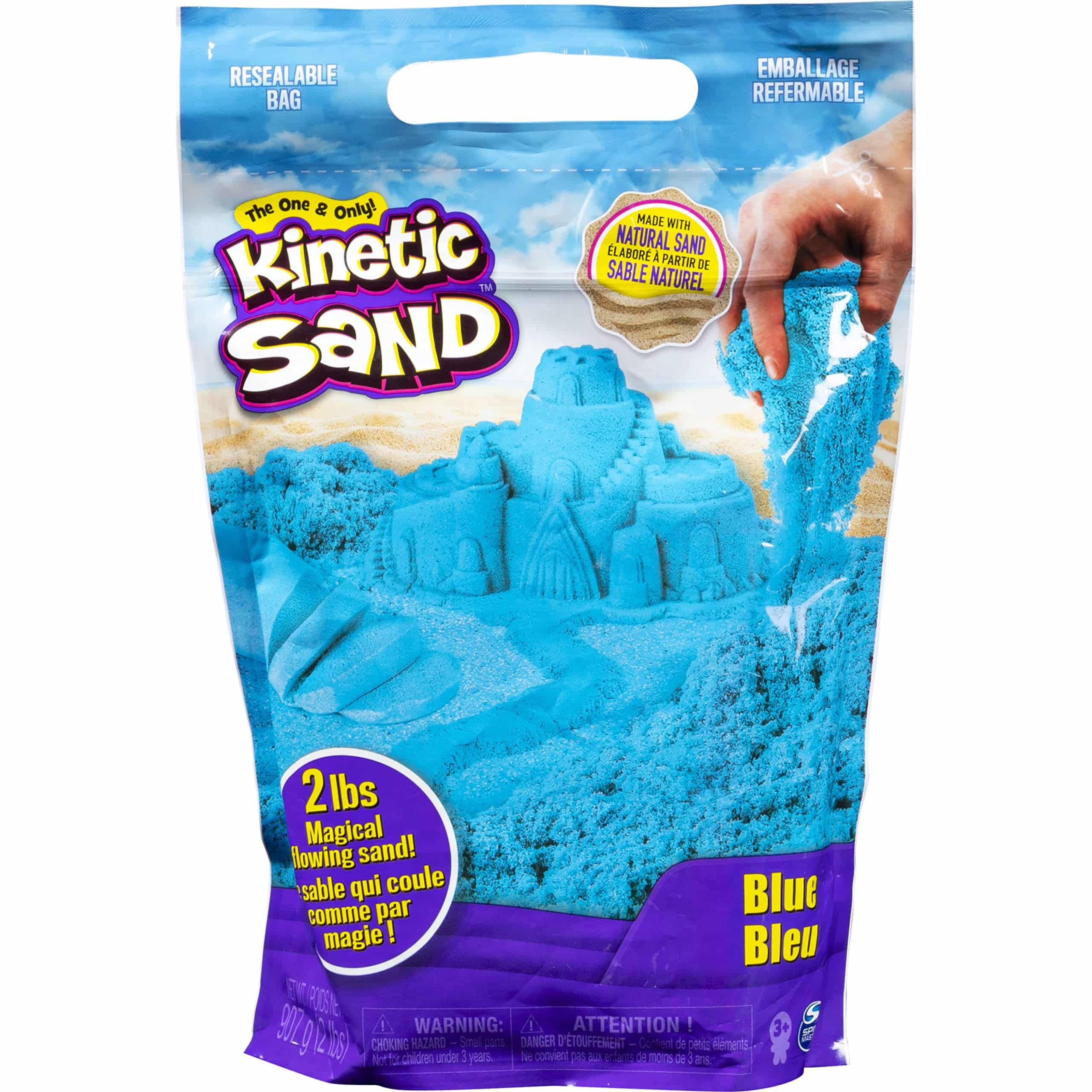 Vibrant Kinetic Sand packaging showcasing magical sensory play and a creative sandcastle illustration.