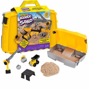 Kinetic Sand Playset with construction vehicles, tools, and a vibrant yellow toolbox for imaginative play.