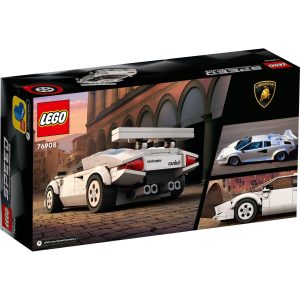 LEGO Lamborghini Countach 74808 Speed Champions set with dynamic illustrations in sleek black packaging.