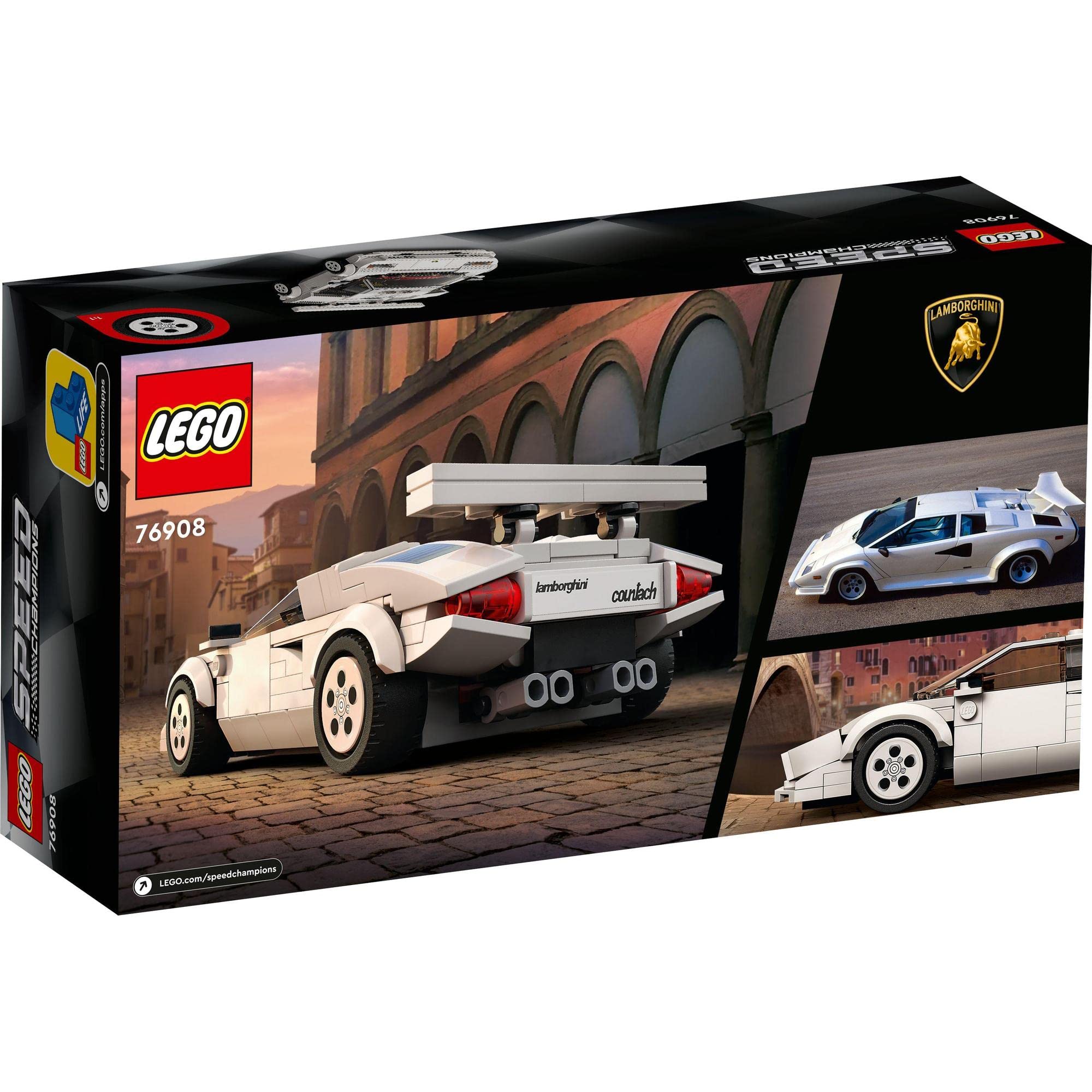 LEGO Lamborghini Countach 74808 Speed Champions set with dynamic illustrations in sleek black packaging.