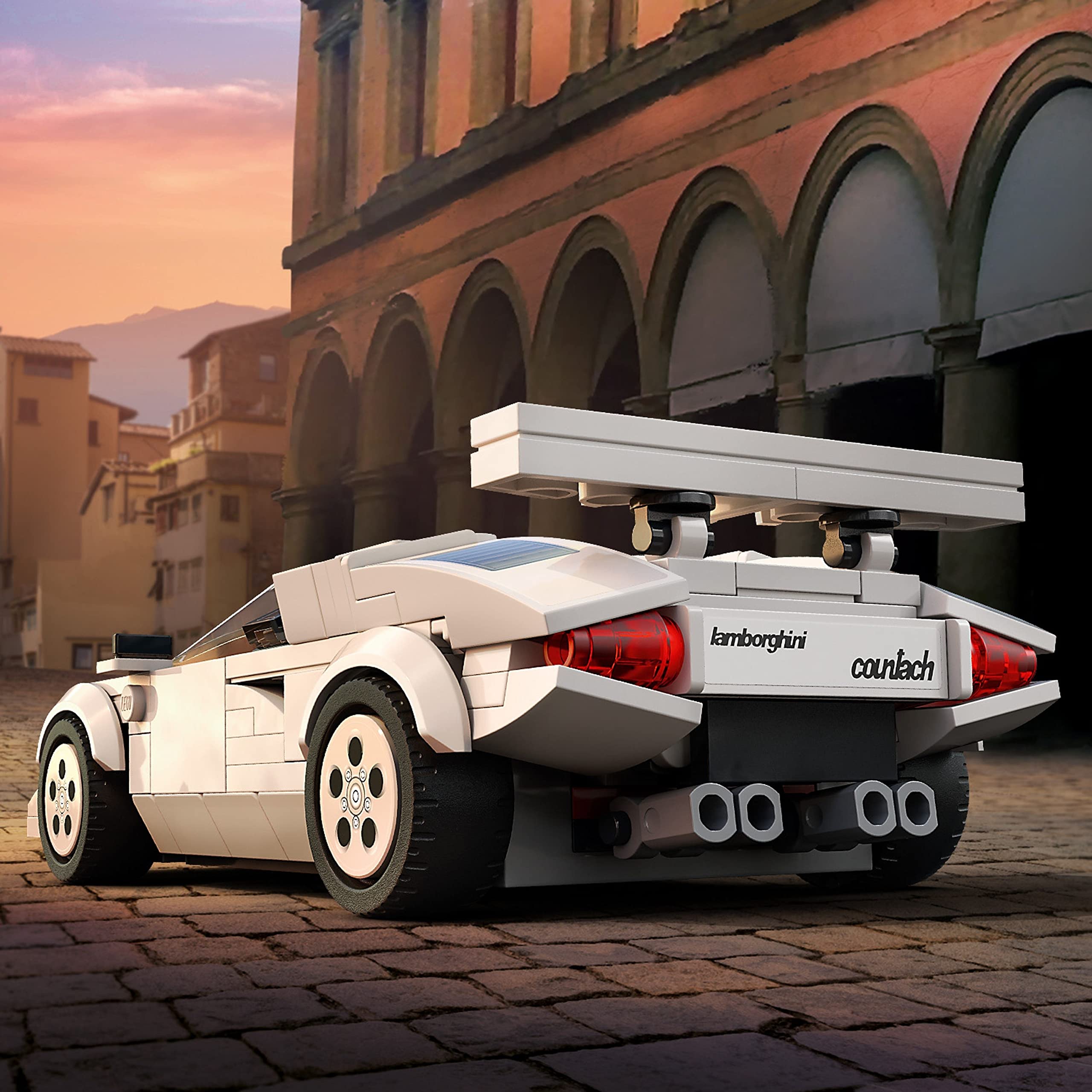 LEGO Lamborghini model showcased against stunning Italian sunset and classic architecture backdrop.