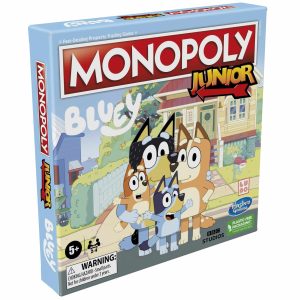 Colorful Monopoly Junior Bluey game for kids ages 5 and up, featuring fun characters and financial skills.