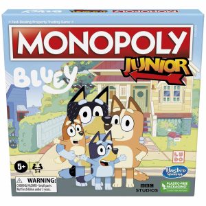 Colorful MONOPOLY JUNIOR BLUEY game box, designed for kids ages five and up.