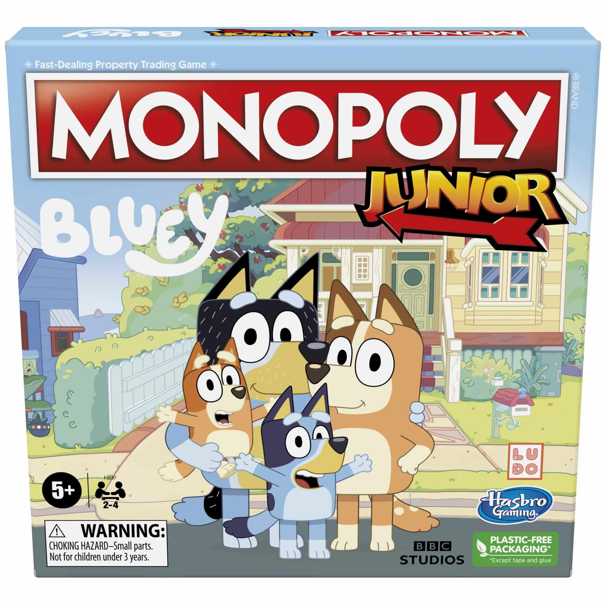 Colorful MONOPOLY JUNIOR BLUEY game box, designed for kids ages five and up.