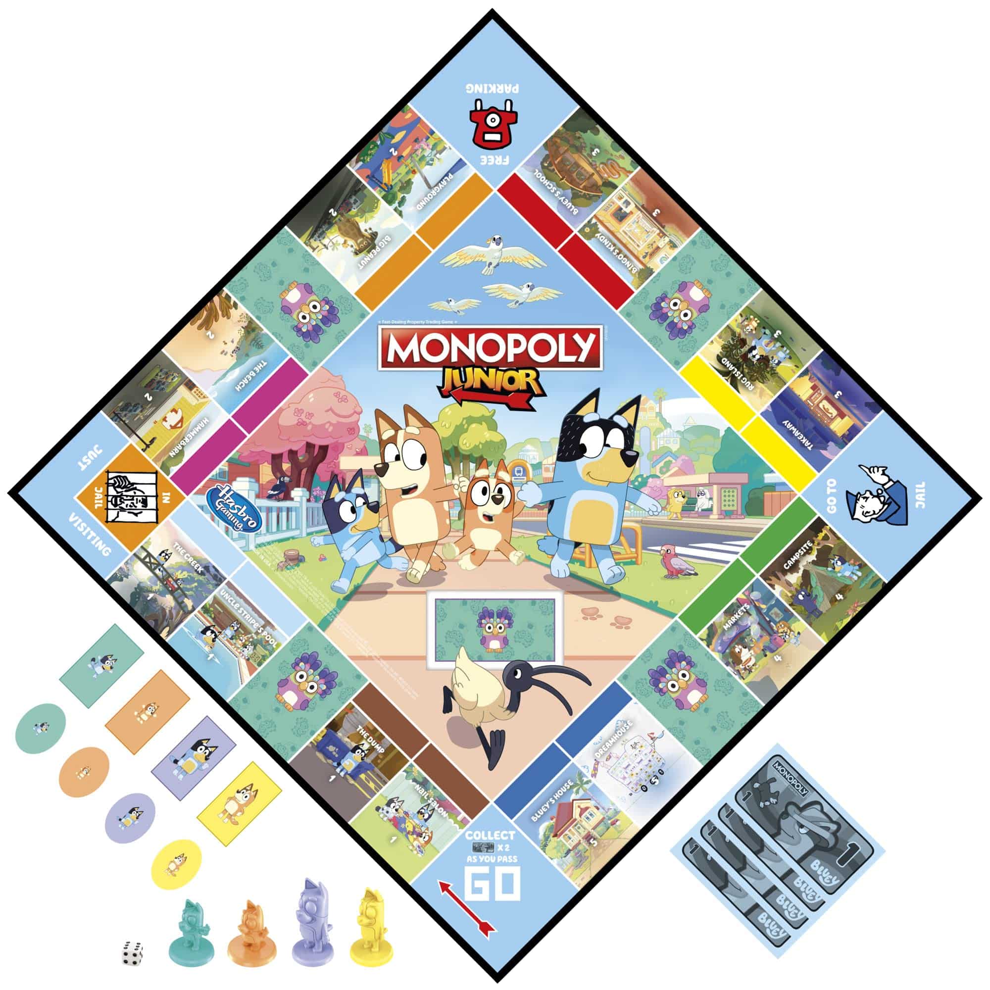 Colorful Monopoly Junior board game for kids, featuring fun tokens and playful neighborhood themes.