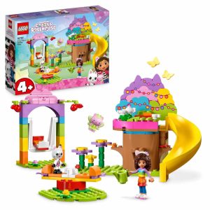 Colorful LEGO treehouse set for kids, featuring a slide, mini-figures, and imaginative play elements.