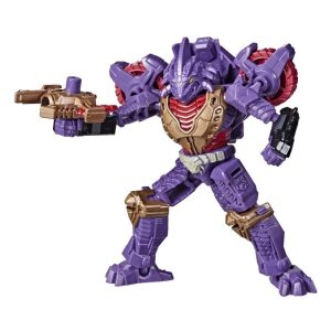 Vibrant robotic figure in action pose, featuring purple and gold colors with a futuristic gun.