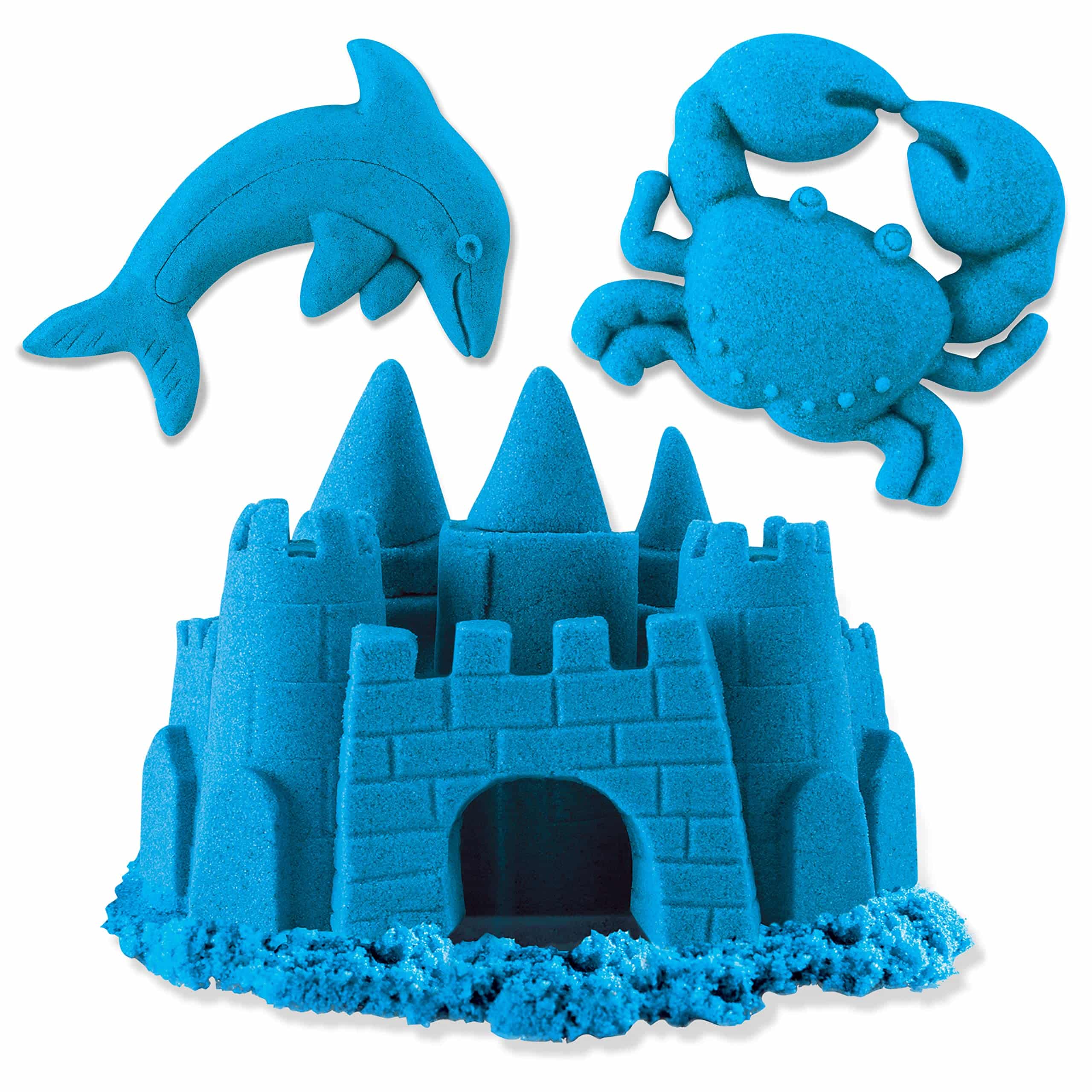 Joyful blue sandcastle adventure with a leaping dolphin and a crab by the sea.
