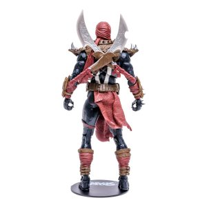 Stylish action figure in black suit with red accents, dynamic sash, and curved blades on back.