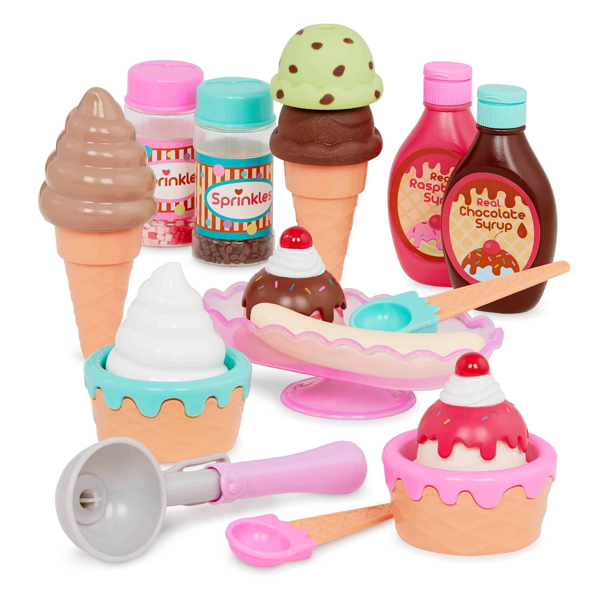 Colorful toy ice cream set inspires imaginative play with cones, sundaes, and fun toppings.